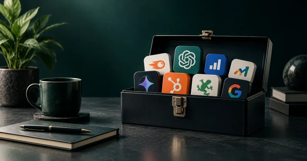Premium toolbox filled with AI and SEO tool icons, representing affordable AI SEO software options for small businesses