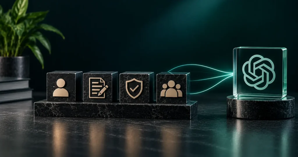 Premium visual showing expertise, content quality, trust, and authority signals feeding into an AI engine to demonstrate E-E-A-T.