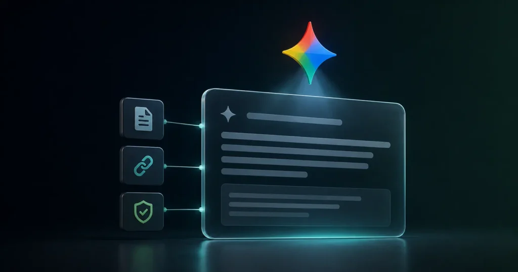 3D illustration of Google Gemini evaluating content quality, links, and trust signals for AI Overview visibility.