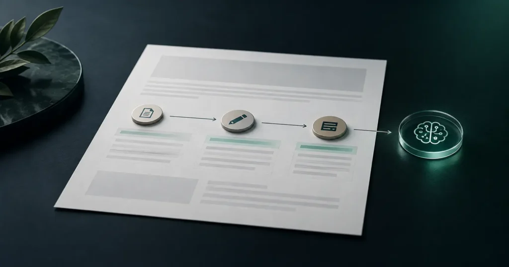 Step-by-step content optimization workflow showing content refinement stages leading toward improved AI search visibility.