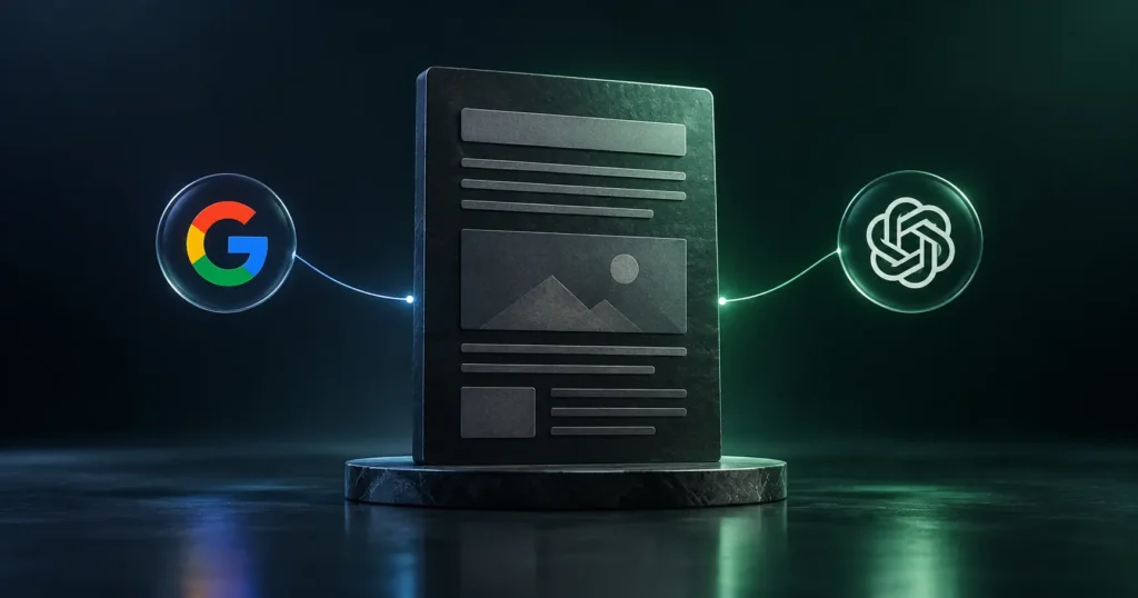 Premium visual showing one optimized webpage connected to both Google and ChatGPT, representing simultaneous visibility across search and AI answers.